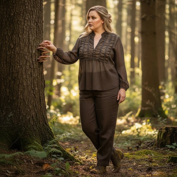 Lane Bryant brown sheer chiffon fairycore peasant top - Picture 1 of 7